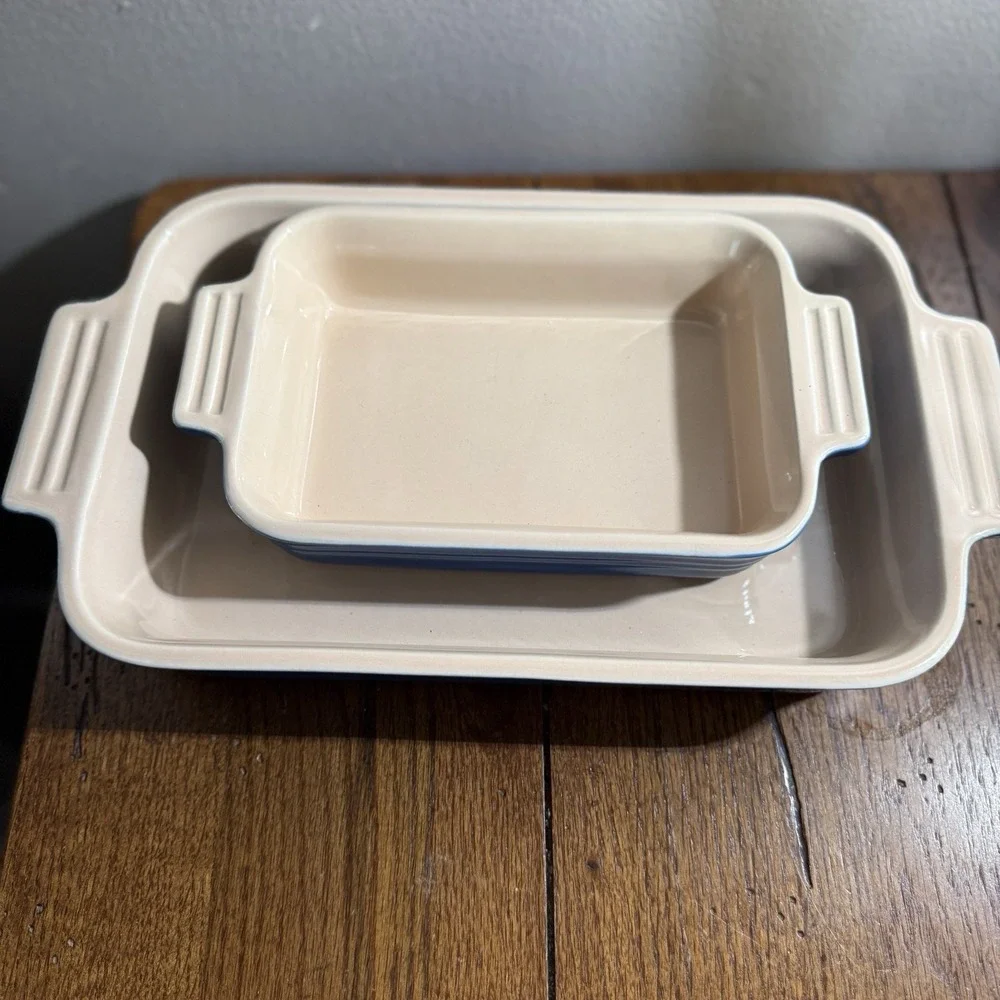 2- LE Creuset Small 5×7 & Medium 10x7 Blue Casserole Stoneware Baking Dishes